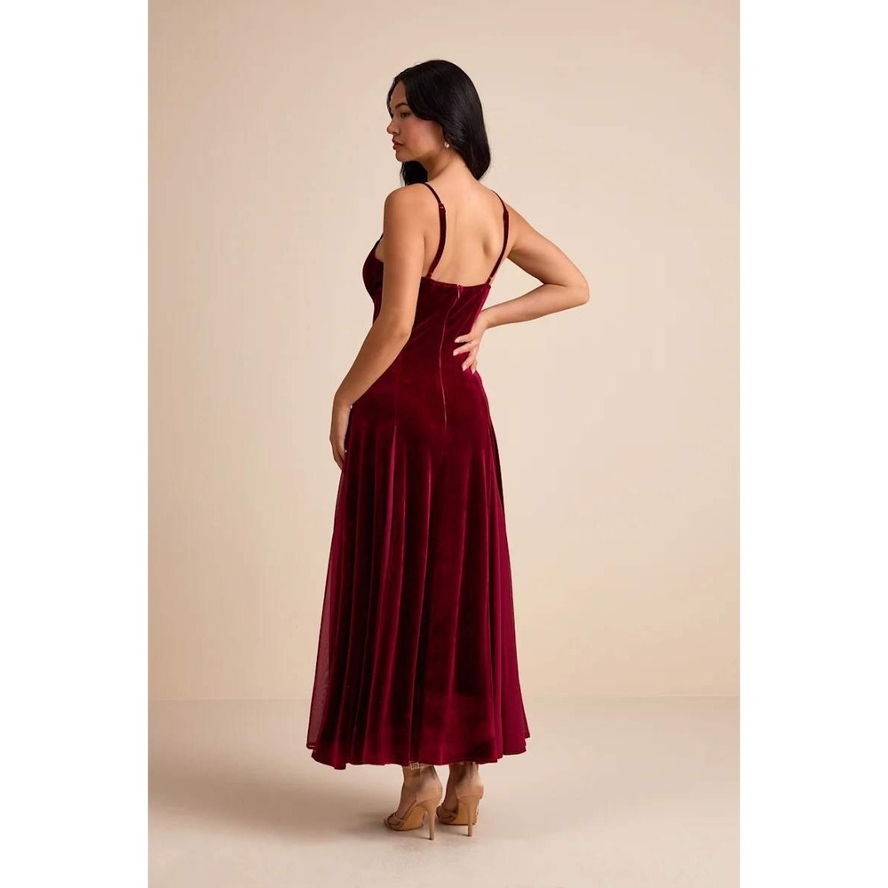 Lulus Burgundy Velvet Maxi Dress Sweetheart Chiffon Godet Inset Evening Gown XL - Picture 14 of 16